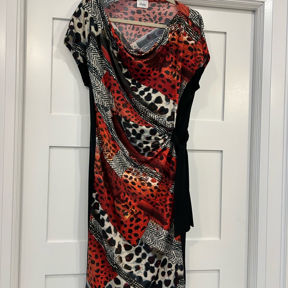 Red and Black Sheath Dress with Cowl Neck and Dolman Sleeves